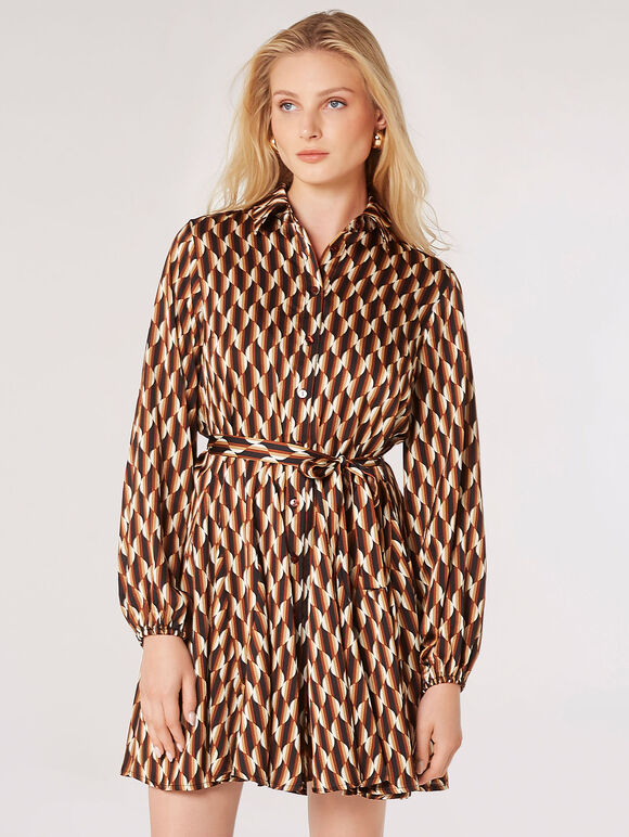 Geometric Satin Shirt Mini Dress, Rust, large