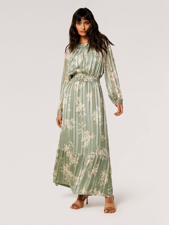 Silhouette Floral Satin Shimmer Maxi Dress, Mint, large