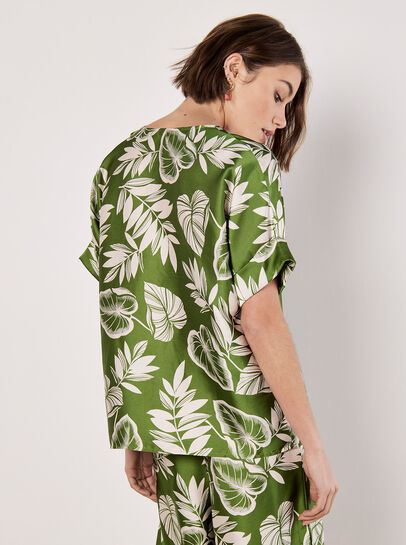 Tropical Leaf Print Satin T-Shirt