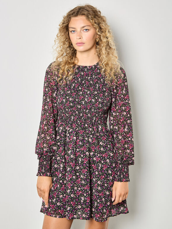 Ditsy Floral Smocked Mini Dress, Pink, large