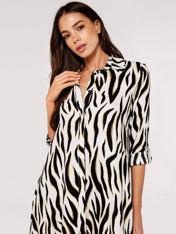 Zebra Oversized Shirt Mini Dress, Cream, large