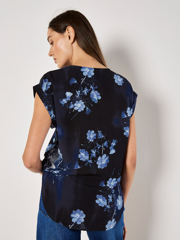 Floral Print Woven T-Shirt, Navy, large