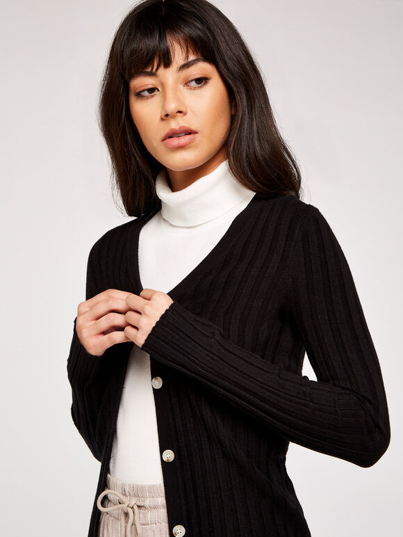 Ribbed Button Down Cardigan, Black, large