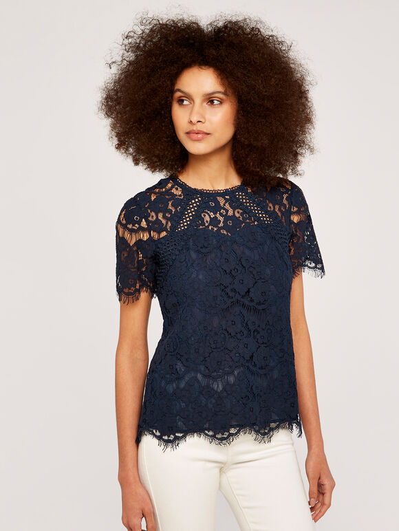  Lace Scallop Edge Top, Navy, large