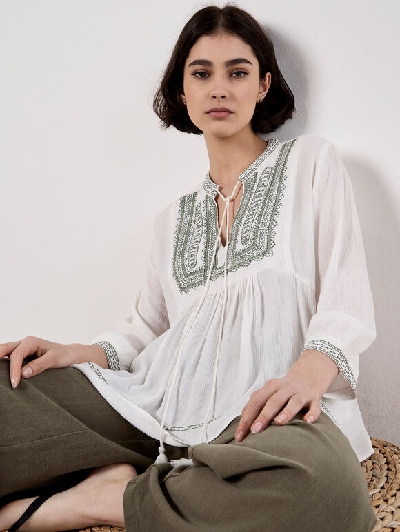 Embroidered Tassel Top, Green, large
