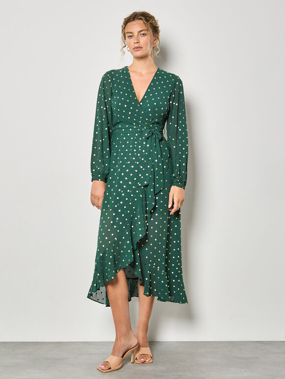 Gold Foil Polka Dot Chiffon Maxi Dress, Green, large