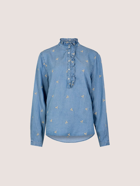 Ditsy Floral Embroidered Denim Blouse, Blue, large