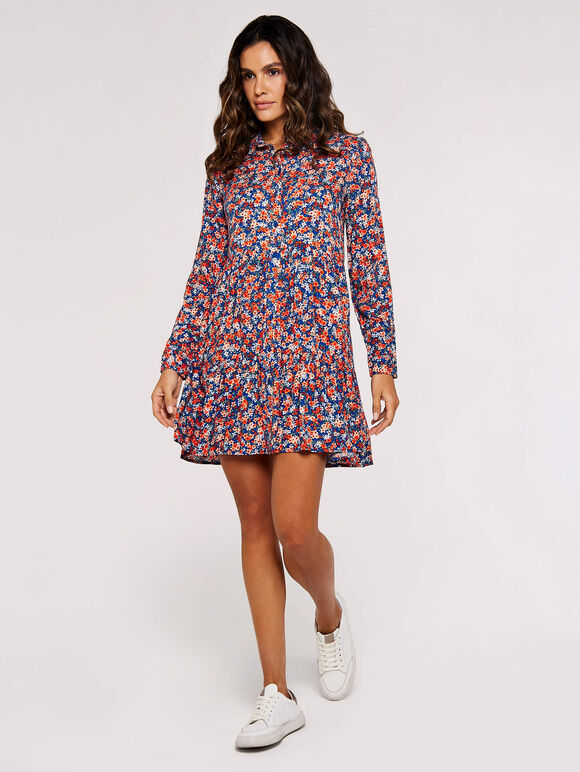 Ditsy Shirt Mini  Dress, Blue, large