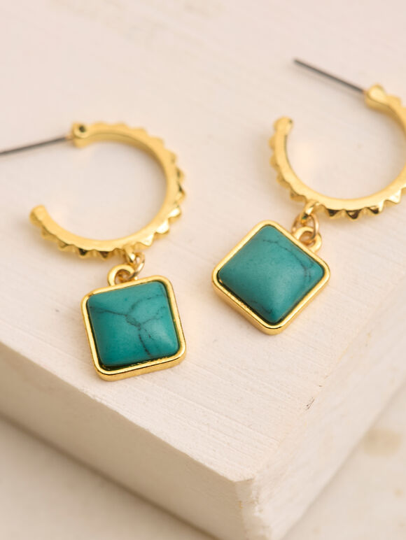 24K Gold Plated Teal Stone Hoop Earrings, Blue, large