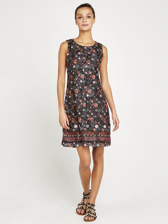 Floral Spring Lace Shift Dress, Black, large