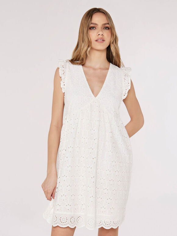 V-Neck Anglaise Mini Dress, White, large