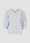 Stripe Balloon Sleeve Cotton Shirt, Blue, large