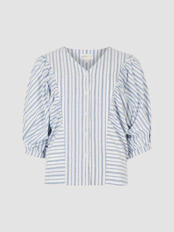 Stripe Balloon Sleeve Cotton Shirt, Blue, large