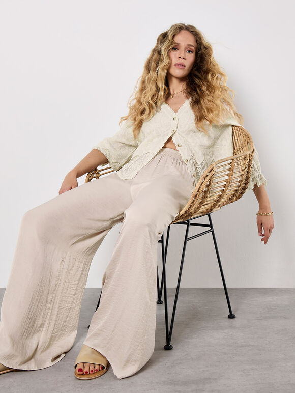 Textured Satin Wide Leg Trousers, Stone, large
