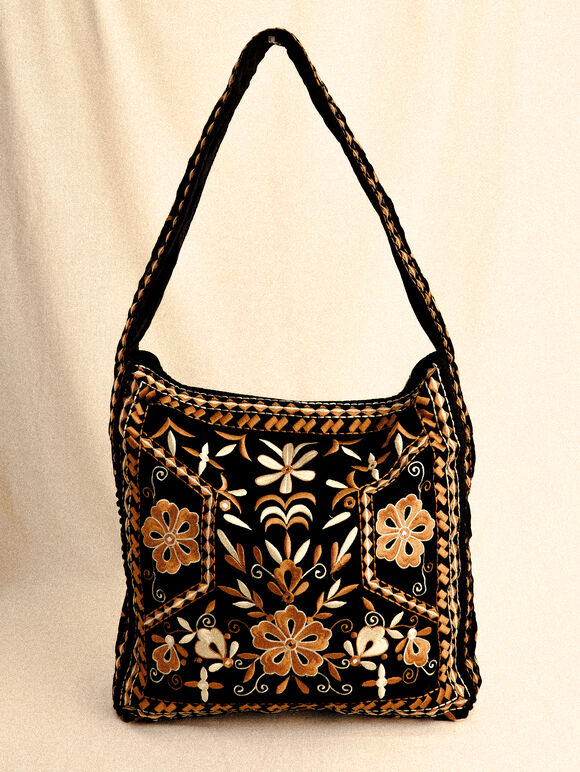 Floral Embroidered Shoulder Bag, Black, large