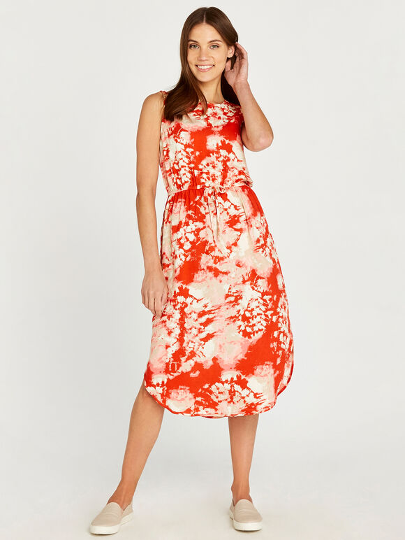 Tie Dye Curved Hem Dress, Orange, large