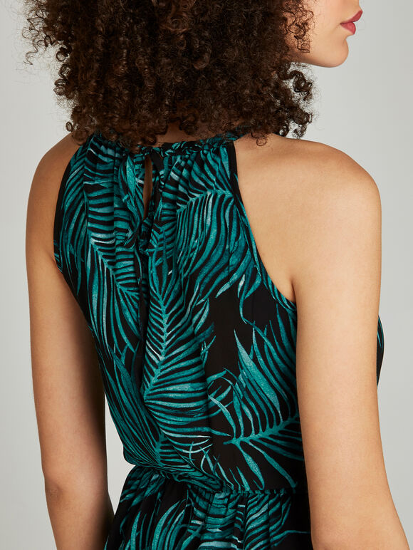 Braided Neck Palm Leaf Midi Dress, Teal, large