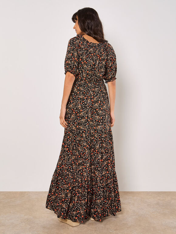 Floral Paisley Milkmaid Maxi Dress, Black, large
