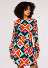 Retro Geometric Belted Mini Dress, Aqua - Turquoise, large