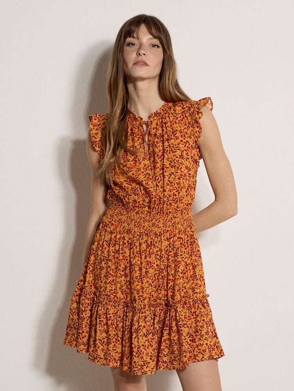 Ditsy Floral Ruffle Mini Dress, Mustard, large