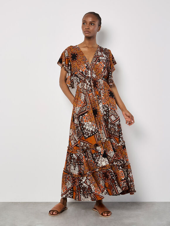Patchwork Ruffle Tiered Midi Dress, Orange, large
