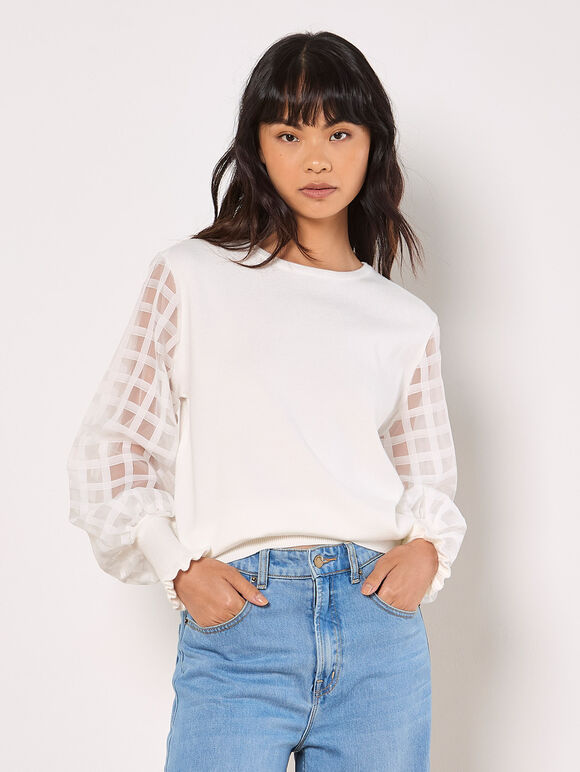 Contrast Organza Sleeves Jumper, White, large