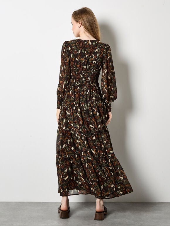 Ikat Chiffon Tiered Maxi Dress, Khaki, large