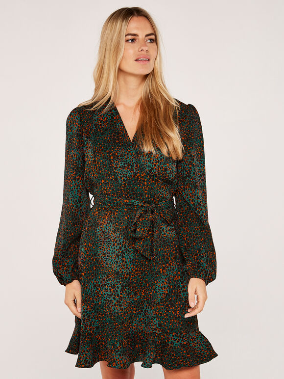 Camouflage Animal Dot Long Sleeve Wrap Dress, Green, large