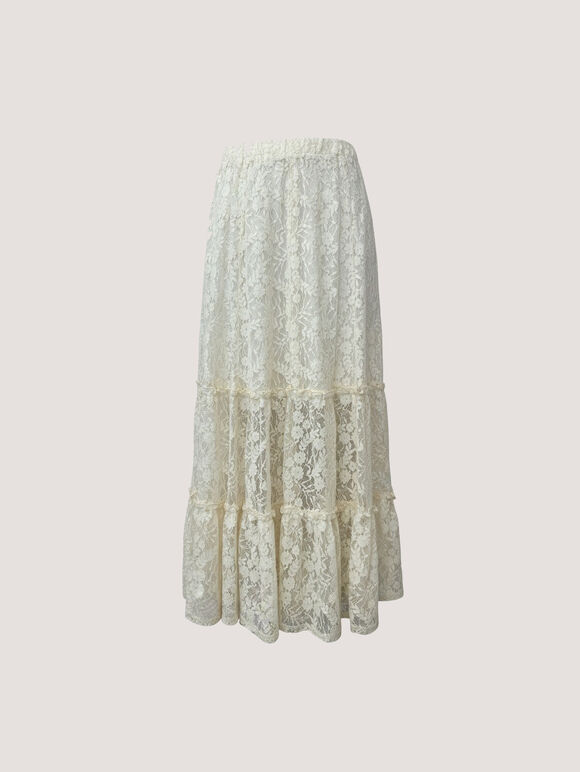 Cotton-Blend Lace Tiered Midi Skirt, Cream, large