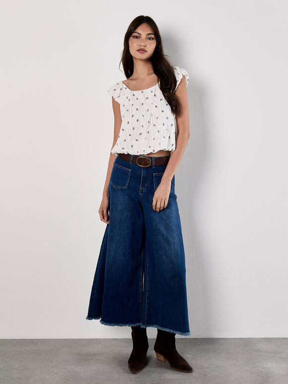 Ditsy Floral Pointelle Bubble Hem Top, Cream, large