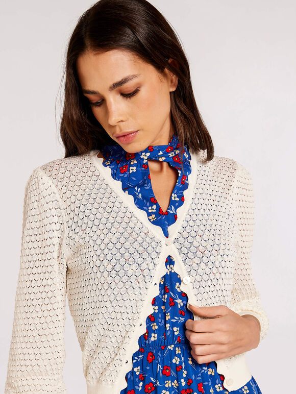 Knitted Scallop Crop Cardigan, Cream, large