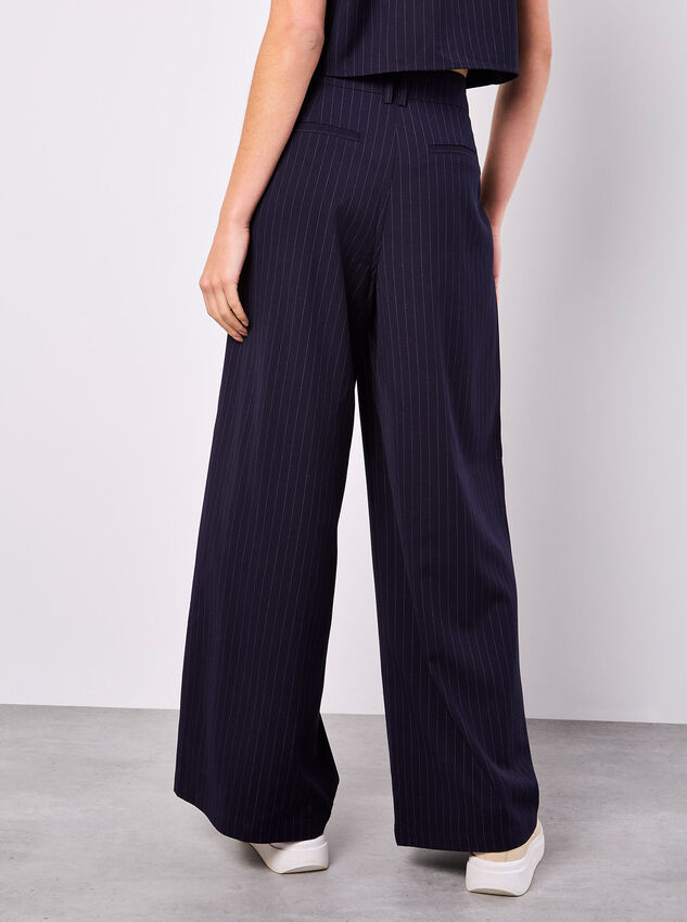 Pinstripe Wide Leg Tailored Trousers, Navy, large