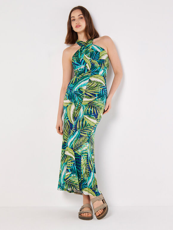 Painterly Tropical Jersey Maxi Dress, Blue, large