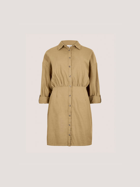 Fitted Twill Shirt Mini Dress, Stone, large