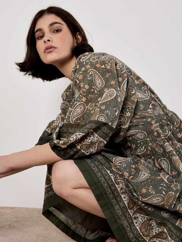 Paisley Print Mini Dress, Khaki, large