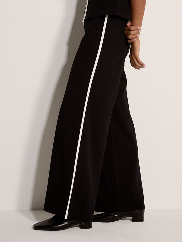 Jersey Crepe Stripe Wide-Leg Trousers, Black, large