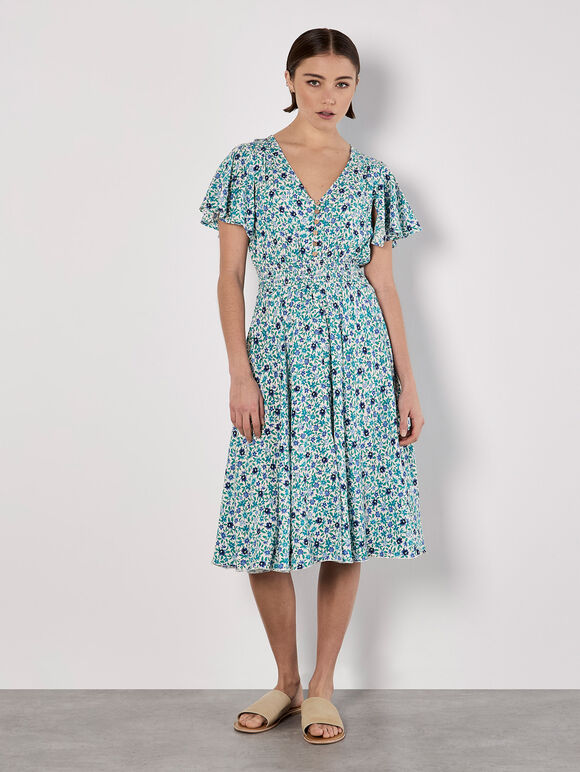 Watercolour Floral Midi Dress, Blue, large