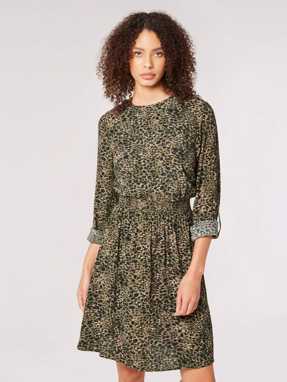 Animal Smocked Waist Mini Dress, Khaki, large