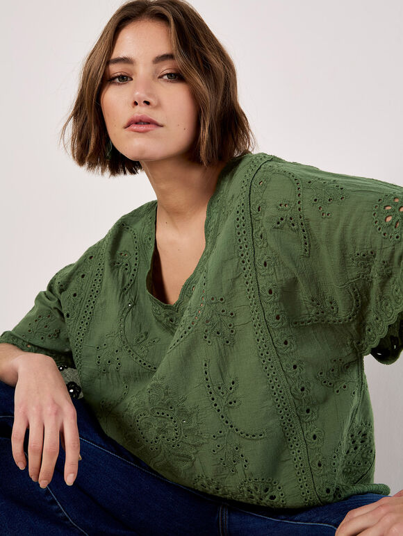 Embroidered Cotton Top, Green, large