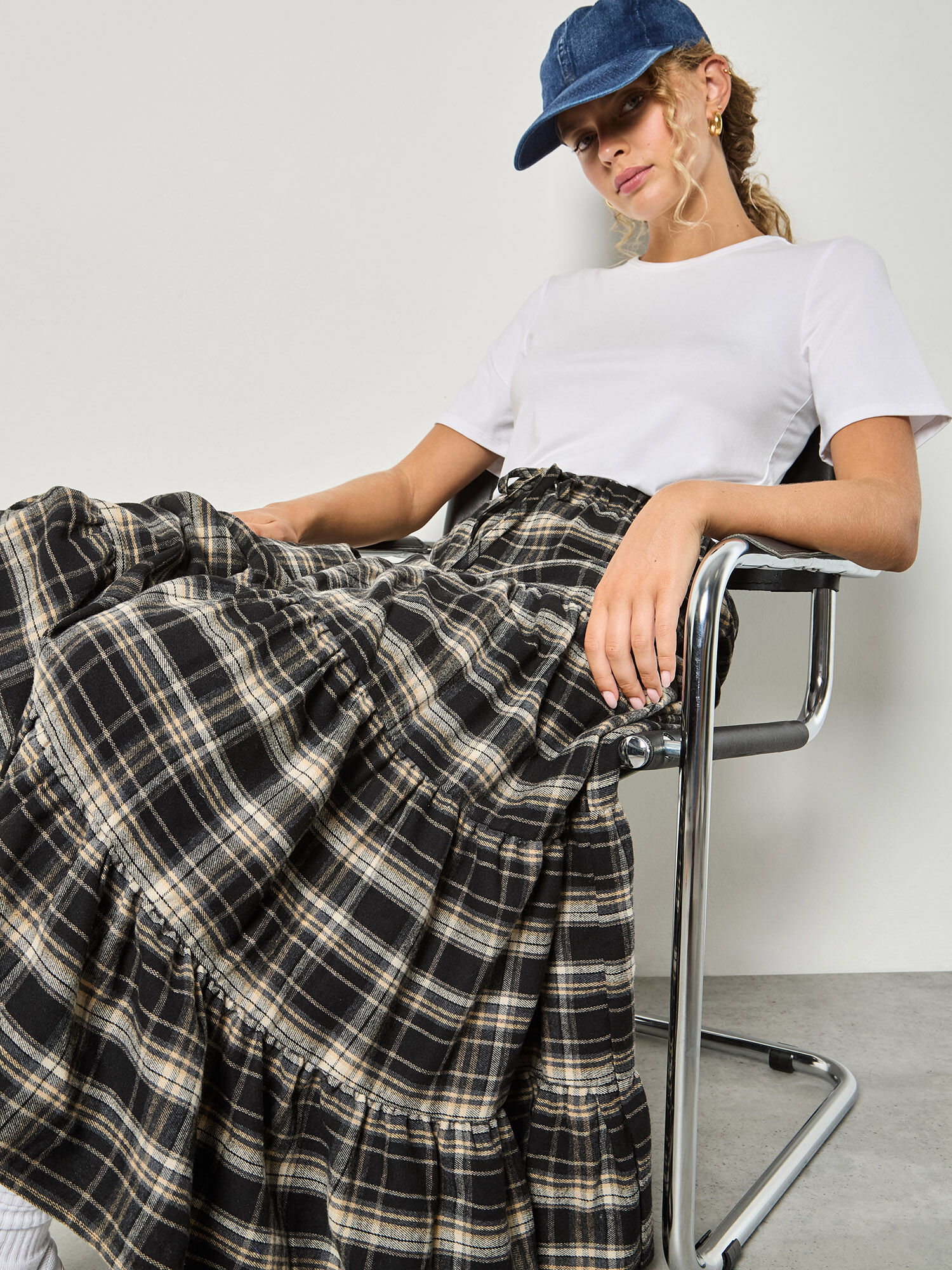 Check Print Tiered Midi Skirt | Apricot Clothing