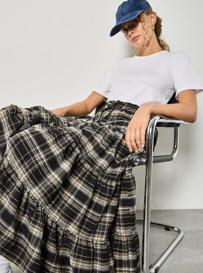 Check Print Tiered Midi Skirt