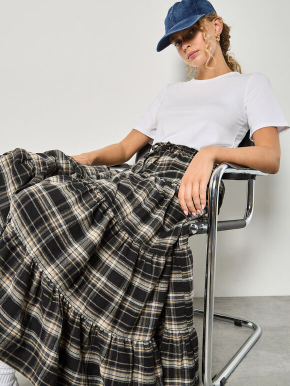 Plaid Tiered Boohoo Skirt, Black, large