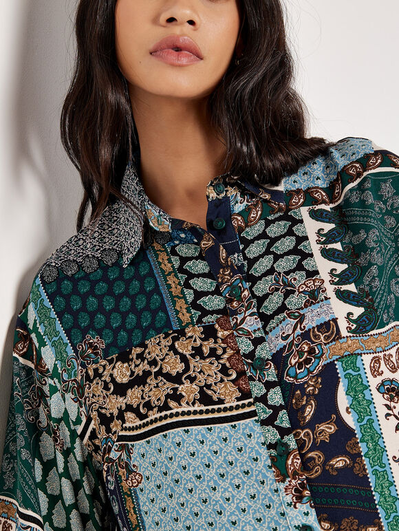 Patchwork Paisley Boxy Shirt, Navy, large