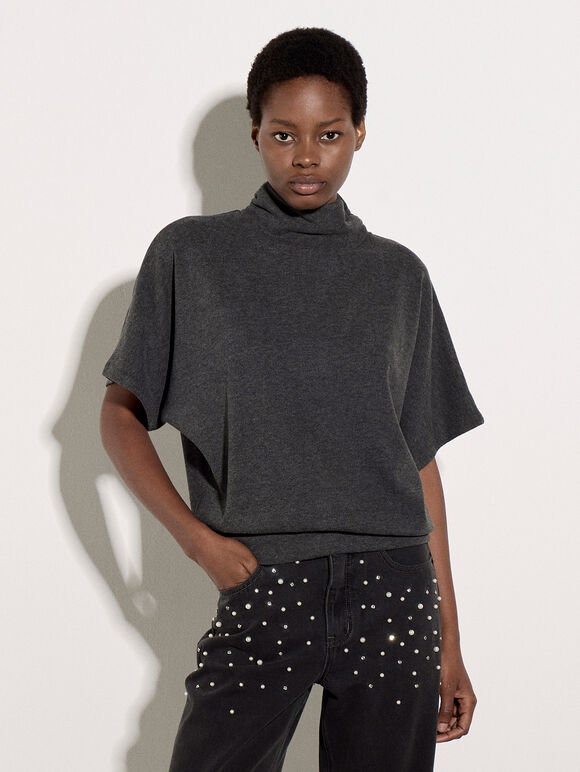 Button Back Soft Knit Top, Dark Grey/Charcoal, large