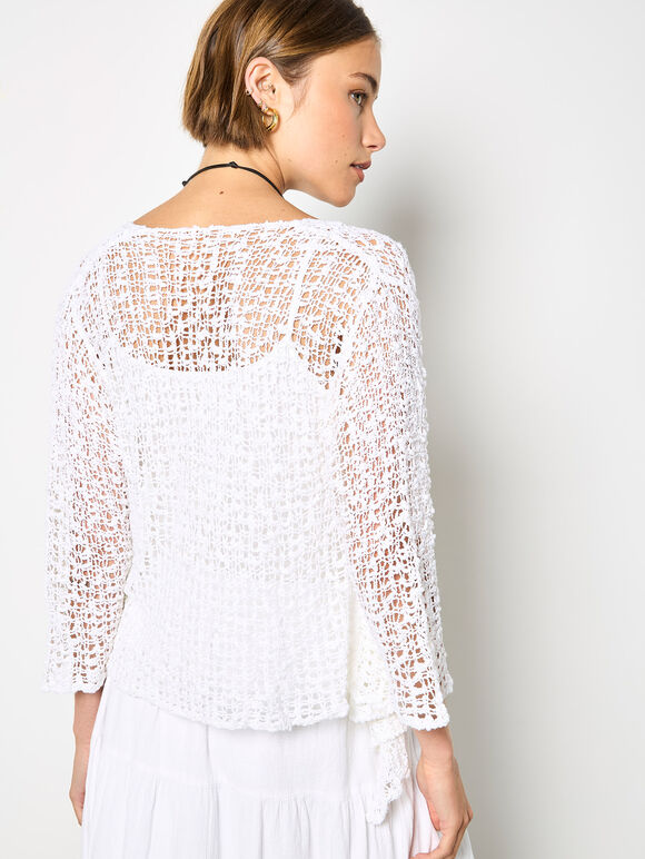 Mesh Popcorn Knit Shrug, White, large