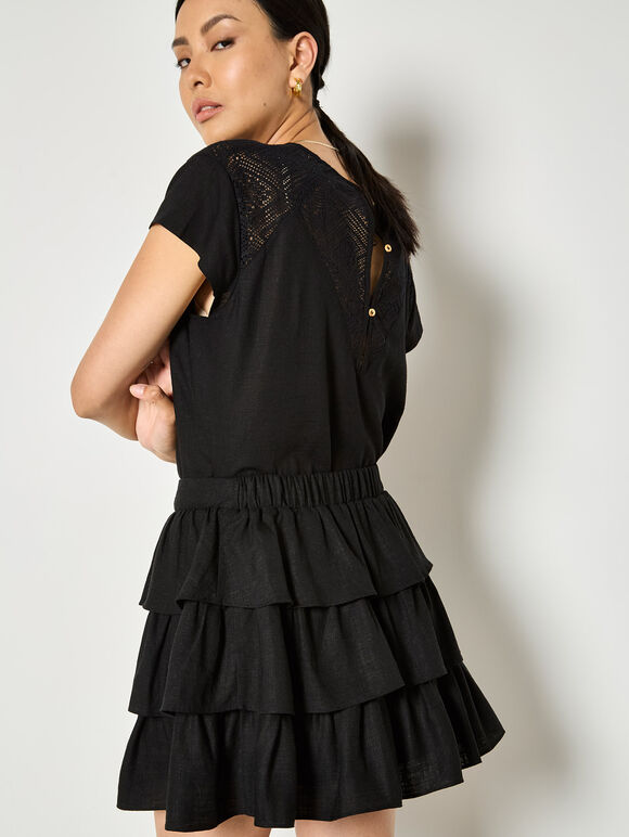 Linen Blend Ruffle Tiered Mini Skirt, Black, large