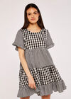 Gingham Tiered Dress, Black, large