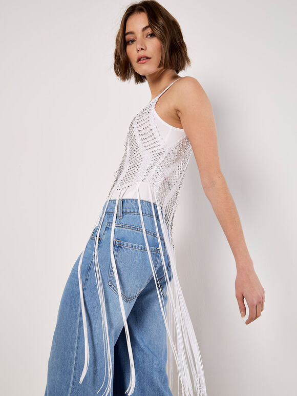 Silver Beaded Fringe Top, White, large