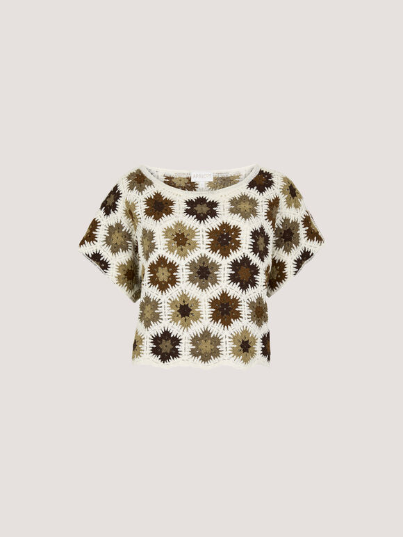 Hexagon Floral Cotton Crochet Top, Rust, large