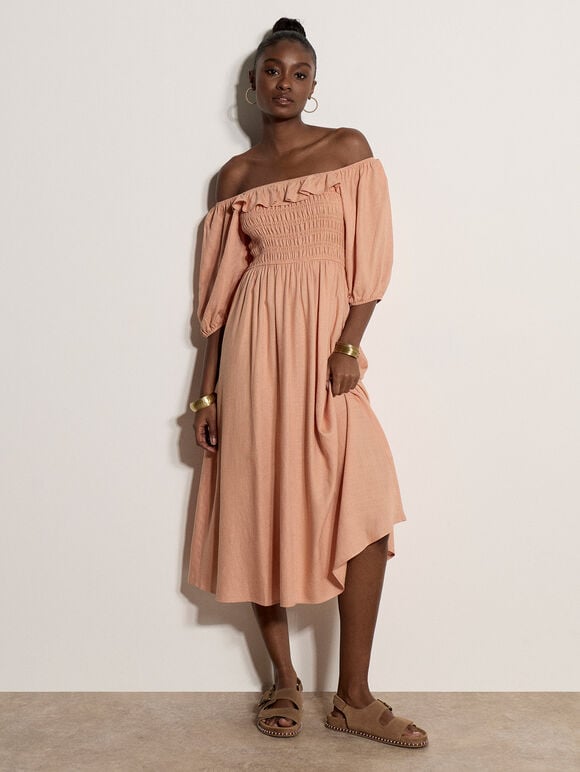 Smocked Bardot Maxi Dress, Peach, large